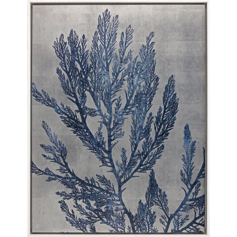 Blue Sea Leaf Print on Canvas with White Wood Frame