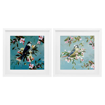 Ensemble de 2 reproductions sous verre Songbirds parmi Spring Blossoms, par Sally Swatland