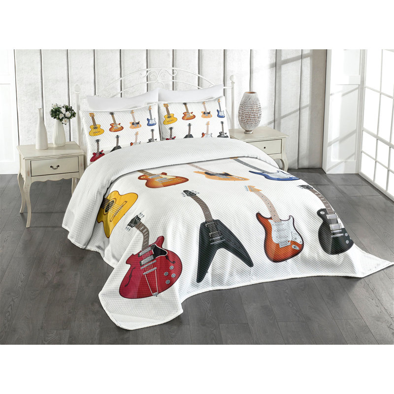 King Size White Quilted Bedspread Set with Guitar Print