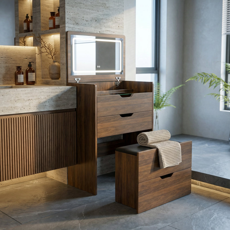 Meuble-lavabo multifonctionnel 3-en-1 avec miroir à DEL intégré et tabouret de rangement - Conception à couvercle rabattable peu encombrant, parfaite pour les chambres à coucher, les salles de bain et les vestiaires