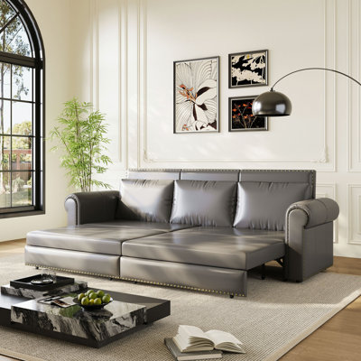Canapé Chesterfield, canapé-lit gigogne de 93,7 po, canapé-lit convertible 3 en 1 en similicuir avec garniture cloutée et accoudoirs roulés, canapé-lit multifonctionnel pour le salon, la chambre à coucher