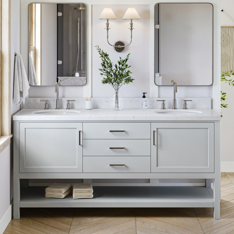 Ensemble de meuble-lavabo double 73 po Abby, Gris, Quartz blanc de Carrare, Ovale