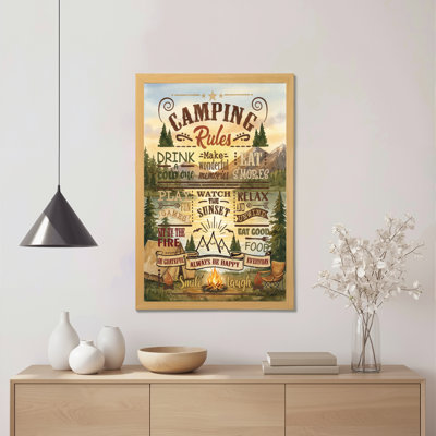 Camping Rules Vintage Typography With Forest And Campfire Scene Canvas Wrapped Wall Art Oil Painting Print Set Of 1
