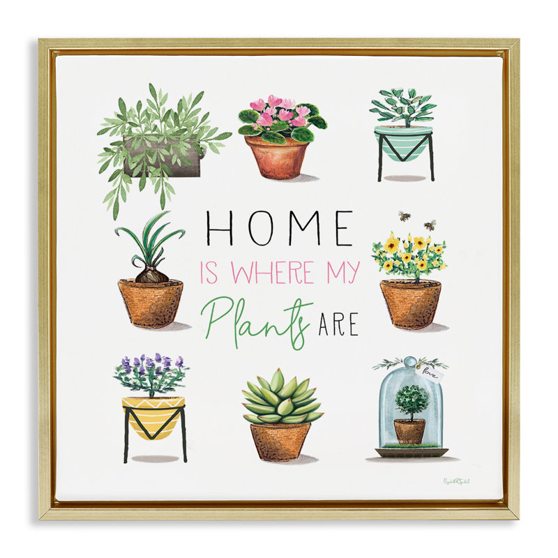 «Home Where Plants Are», art mural encadré par Elizabeth Tyndal, H 18 po x l 18 po, Cadre flottant métallique doré