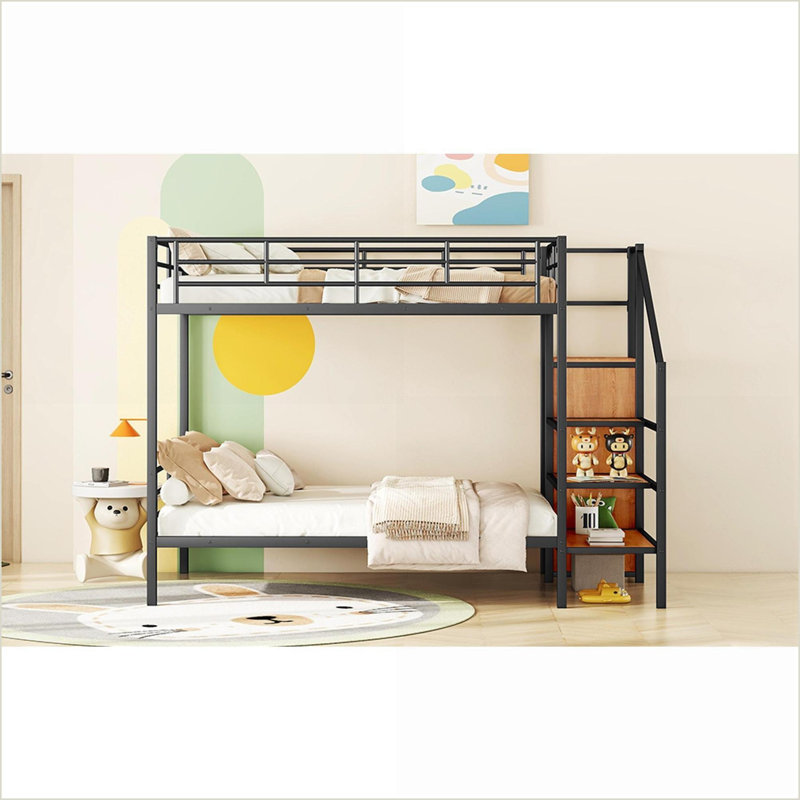 Lit superposé double au-dessus de double avec échelle de rangement latérale Garde-robe - Design noir pour économiser de l'espace