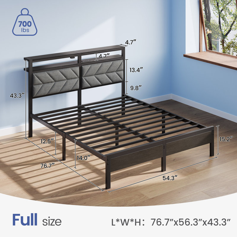 Bed Frame with Storage Headboard, Metal Platform Bed Frame with RGB Lights & Outlets, Full/Double