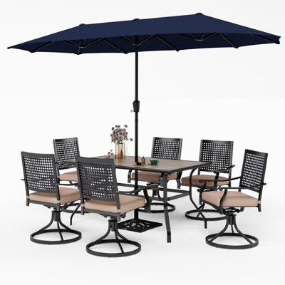 Alyah 6-person Metal Steel Patio Outdoor Furniture, Patio Dining Set With Umbrella, Swivel Chairs, Rectangular Table,wood-like Table Top