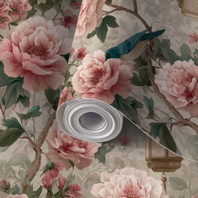 Papier peint adhésif à motif de papier peint chinois peint à la main Blooming Pivoines auto-adhésif et amovible 24 po x 118 po (60 x 300 cm)