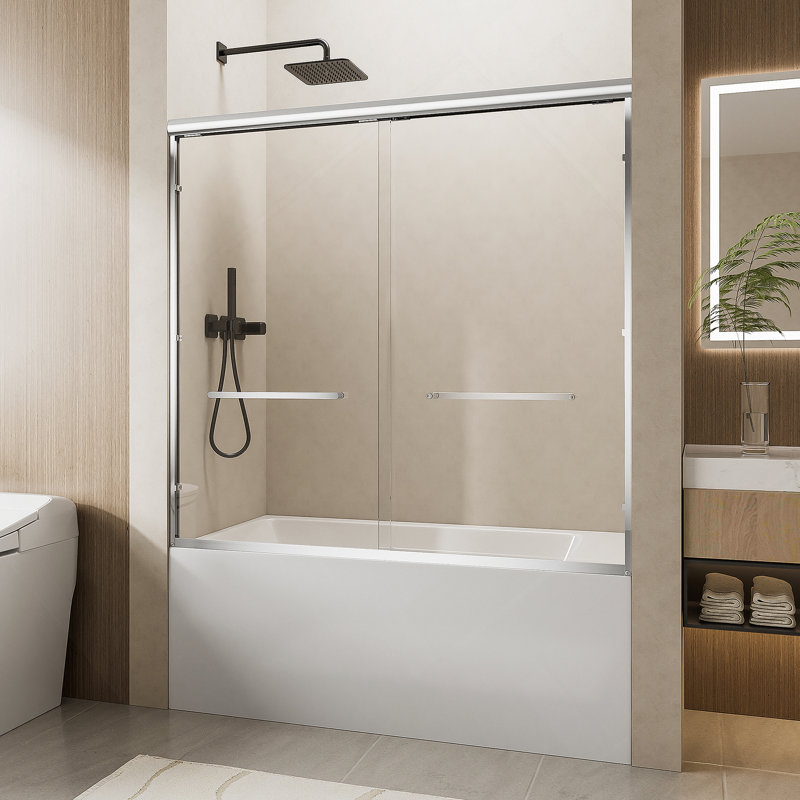 56"-60" W x 57" H Aluminum Frame Double Sliding Shower Door, Soft-Close Chrome Bathtub Door, 1/4" (6mm) Clear Nano-Coated Tempered Glass, Dual Stainless Steel Handles