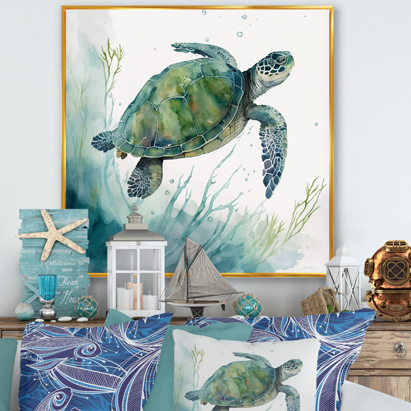 Tortue aquarelle nageant II - reproduction sur toile, H 24 po x l 24 po x P 1 po, Toile avec cadre flottant or