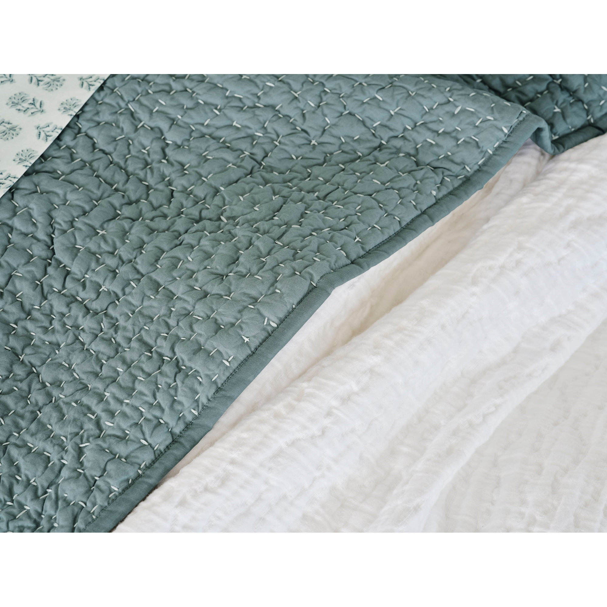Pebbled Handstitched Organic Quilt, King Quilt, Lagoon