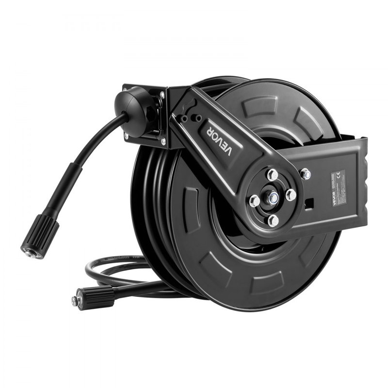Enrouleur de tuyau pour nettoyeur haute pression, 18 m x 6,35 mm, rétractable, en acier robuste, pression maximale de 4000 PSI, enroulement automatique, fixation murale ou au sol, idéal pour le lavage de voiture, le jardinage et le nettoyage des sols.