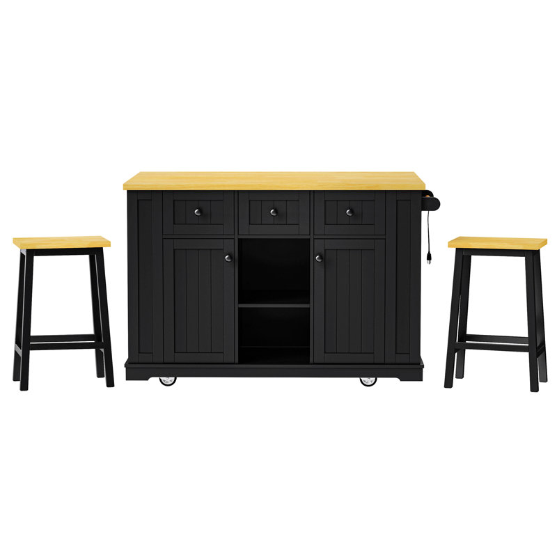 Veralith 53" Kitchen Island Set With 2 Bar Stools, Power Outlet And Drop Leaf, Black