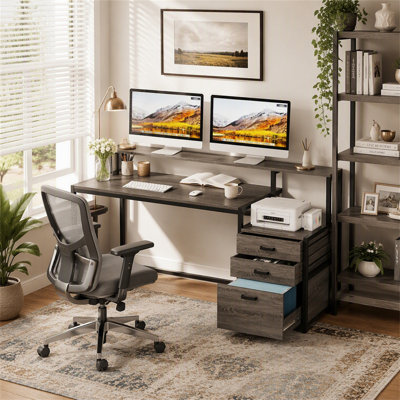 Bureau d'ordinateur de 63 pouces, bureau ergonomique avec tiroirs et support pour écran