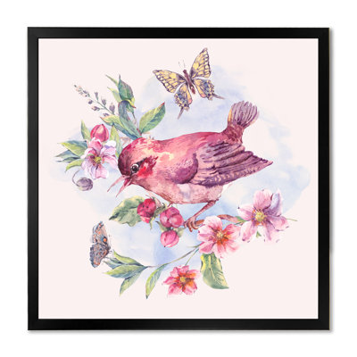 Oiseau rose sur une branche en fleurs - Peinture sur toile
