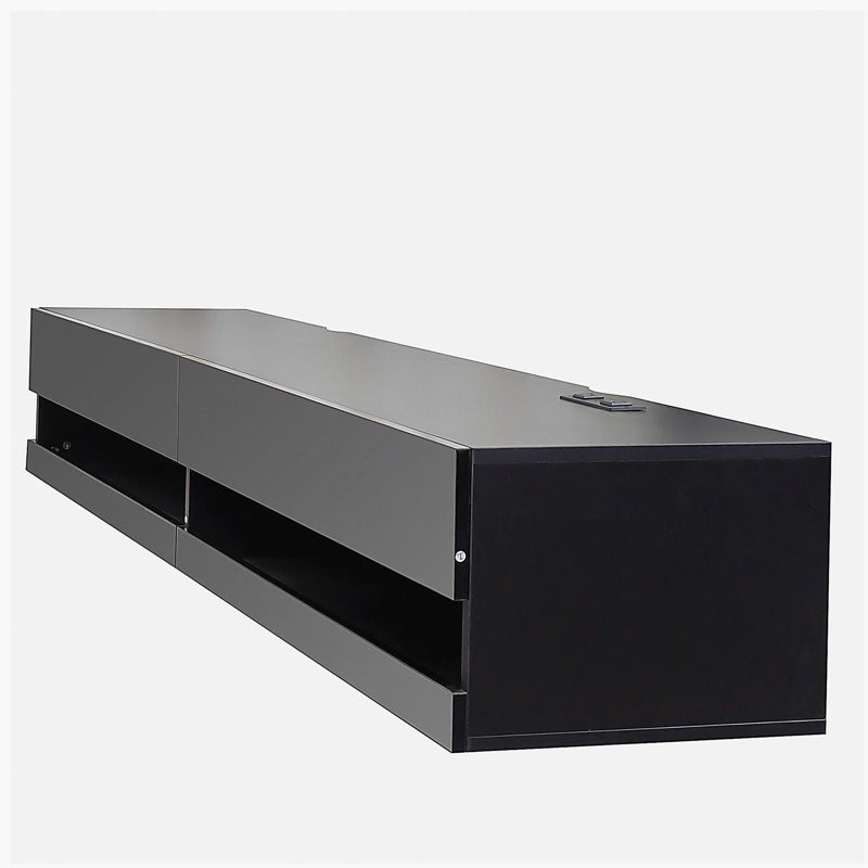 180-inch wall-mounted floating TV stand with 20-color LED lights and a charging station, Black