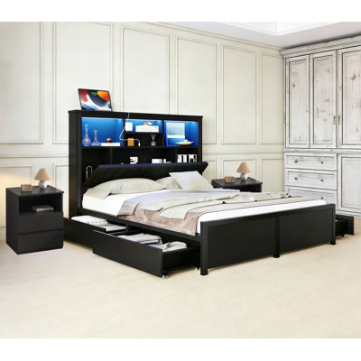 3-Piece King Bedroom Sets, All-Metal Bed Frame and Wood Nightstands, LED light and Charging Station