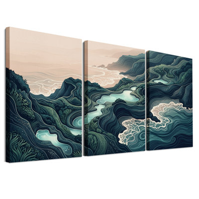 «Coastal Hills with Winding Teal Rivers», ensemble de 3 toiles murales