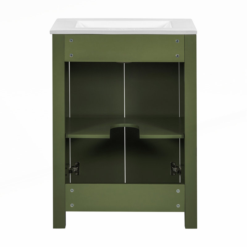 Petit meuble-lavabo de style rétro avec lavabo en céramique, 2 portes à fermeture douce et tablette réglable pour espaces compacts