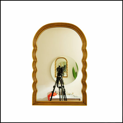 24'' Lumina Mirror With Golden Scalloped Sides, Retro-Style Arched PU Decorative Mirror, Adjustable Three Color Temperatures, Ideal For Various Home Spaces