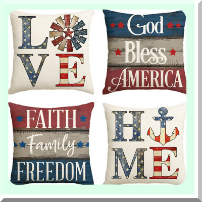Patriotic Blessings Pillow Covers - Set of 4, Faith Family Freedom 4th of July Independence Memorial Day Decorations for Sofa Couch