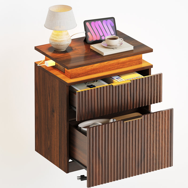 22.4"Fluted Wooden Nightstand with Charging Station and LED light,2-Drawers