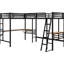 Lit simple noir en métal avec deux bureaux intégrés - chambre à coucher moderne mezzanine indispensable pour écrire des articles et créer du contenu