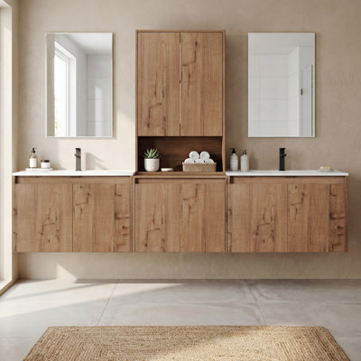 84" Floating Double Bathroom Vanity with Upper Cabinet, Ceramic Sink and Handle-Free Design