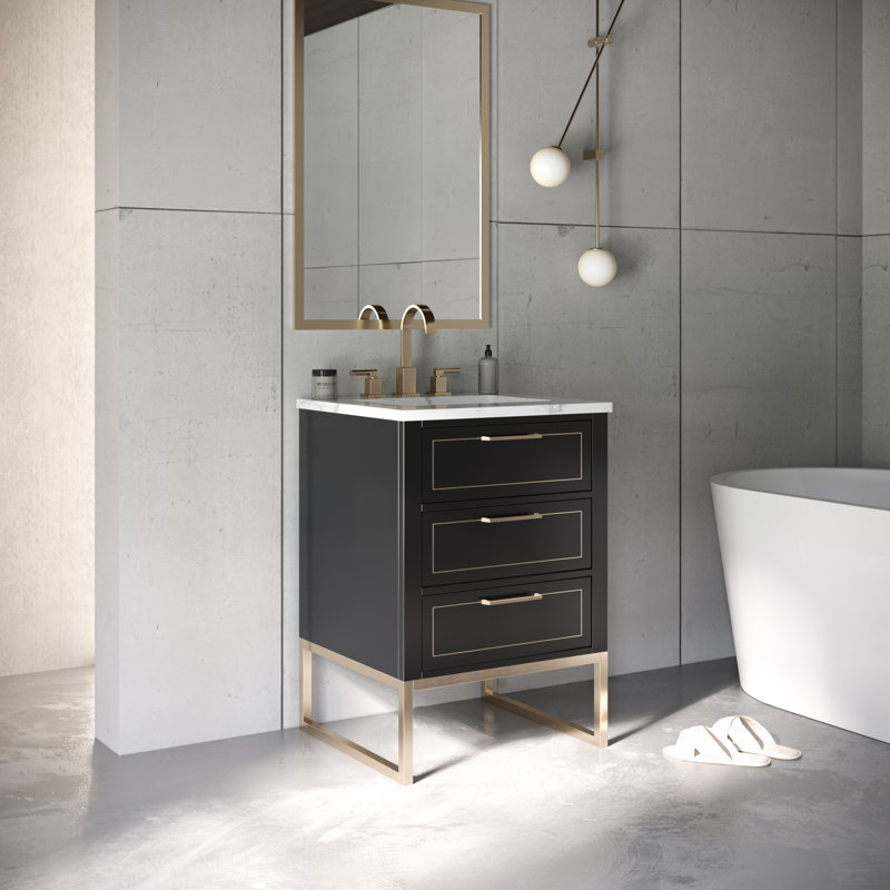 Markham 24'' W Single Vanity, Midnight Black, Carrara Marble, Satin Brass