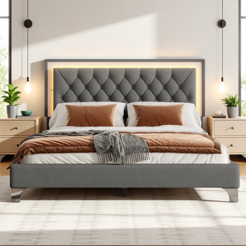 Grand lit plateforme tapissier avec tête de lit capitonnée, lit plateforme en velours avec lumières DEL, gris