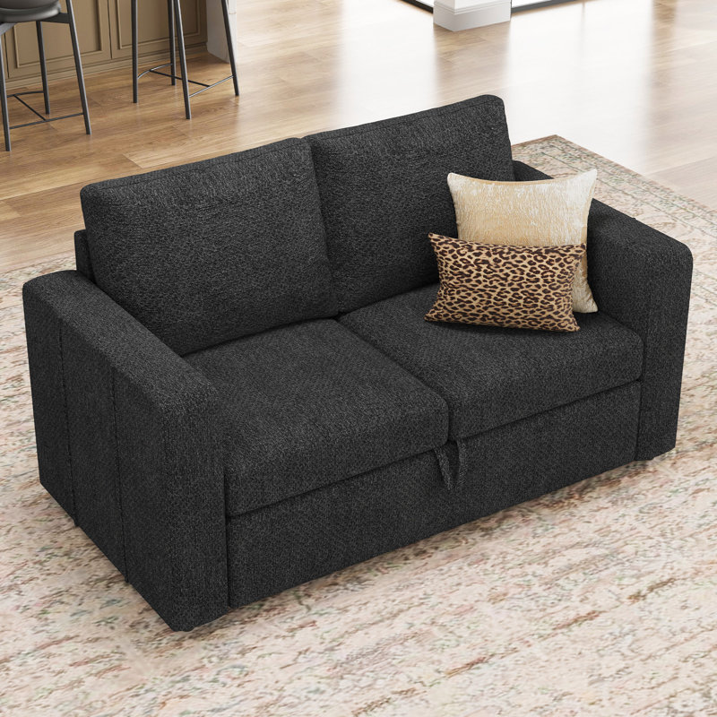 Rafael 2 Seats Fabric Sectional Pull Out Sofa Memory Foam Mudular Sofa For Living Room, Dark Gray Chenille