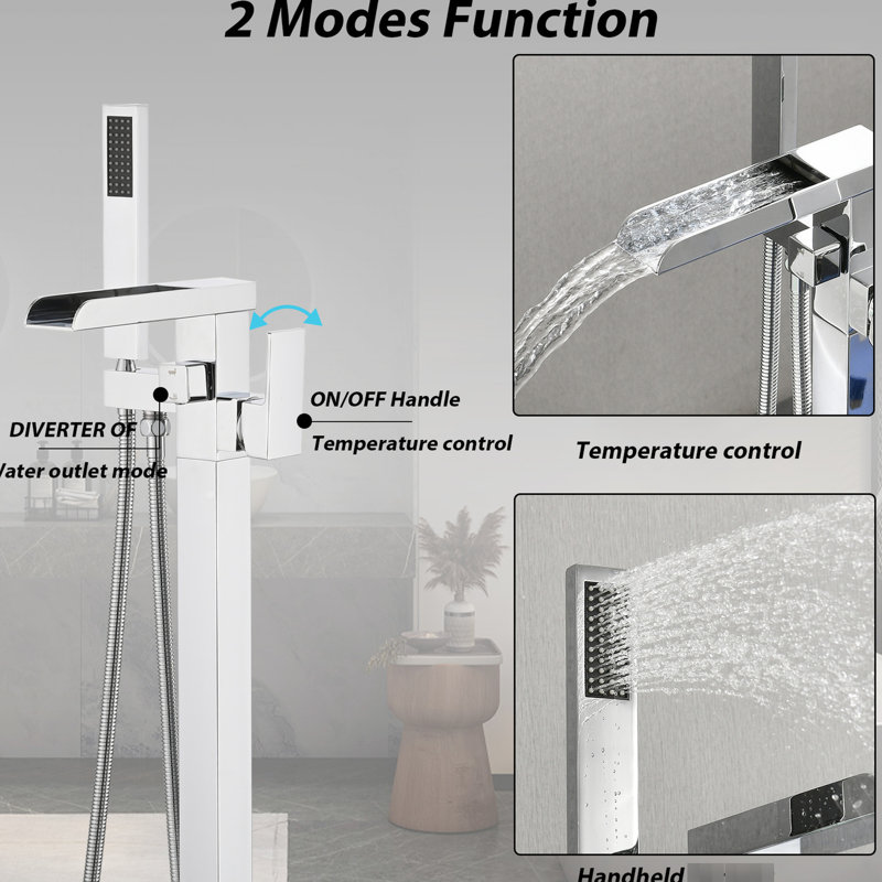 Modern Floor Mounted Tub Filler With Hand Shower And Waterfall Effect Design Corrosion Resistance, Silver