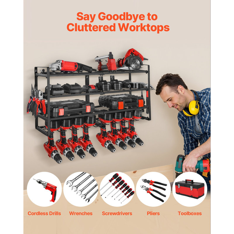 Support mural pour outils électriques, support de rangement à 4 couches avec 8 supports de perceuse, support d'outils et support de rangement avec tournevis, organisateur pour outils de garage, établi et atelier