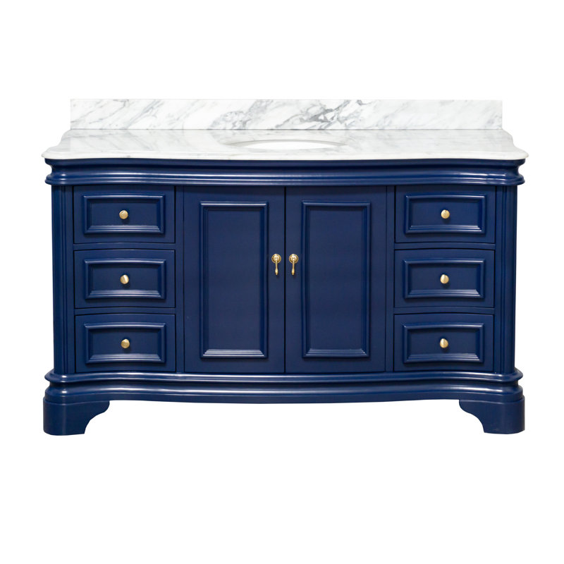 Ensemble de meuble-lavabo simple 60 po avec armoire bleu royal et comptoir en marbre de Carrare Twain, Marbre de Carrare