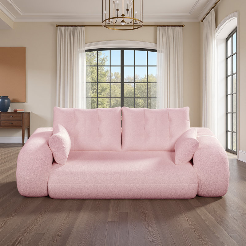 78.7" Pink Teddy Fabric Sofa Bed – 3-in-1 Convertible Floor Couch for Living Room, Guest Bed & Playroom – Ultra-Plush Foam Sleeper