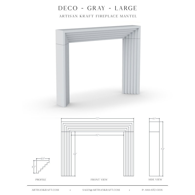 Deco Cast Stone Fireplace Surround, Gray, 10" x 72" x 54"