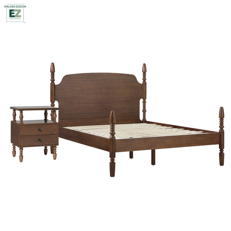2-Piece Traditional Vivienne Queen Bed with Walker Edison Easy Assembly 2-Drawer Nightstand, Dark Brown