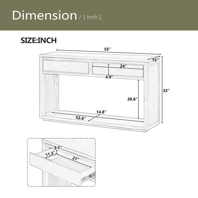 Console, table d'entrée en bois rustique avec tiroirs de rangement et tablette ouverte, Brun