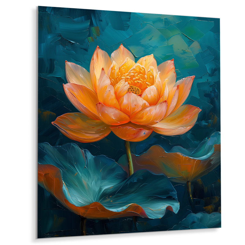 Décoration murale éclatante de lotus orange et bleu III - Lotus, Sans cadre, métal, H 32 po x l 16 po x P 1 po