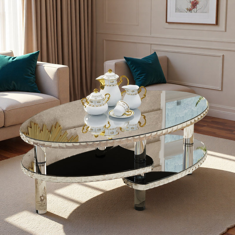 Silver Mirrored Glass Oval Coffee Table With Double-layer Design, Acylic Legs And Crystal Decor