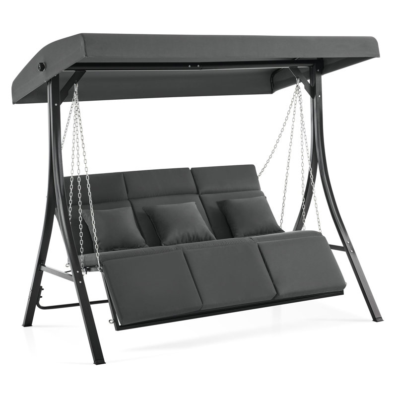 Balancelle de véranda 3 places avec auvent réglable et repose-jambes, Gris
