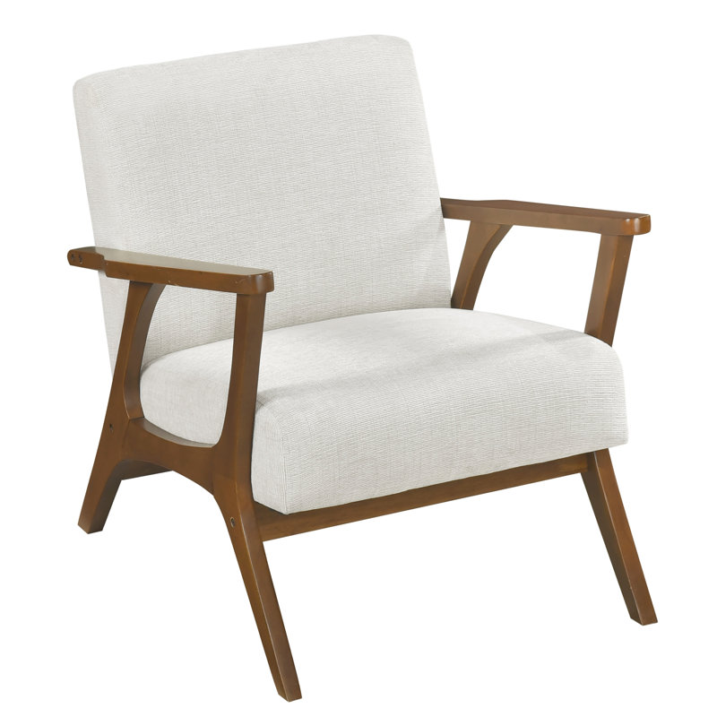 Élégant fauteuil d'appoint moderne en tissu de chenille tissé beige, structure en bois d'hévéa massif châtaignier, profondeur d'assise de 22 po, capacité de 300 lb, fauteuil rembourré contemporain avec accoudoirs en bois de 3 po de largeur