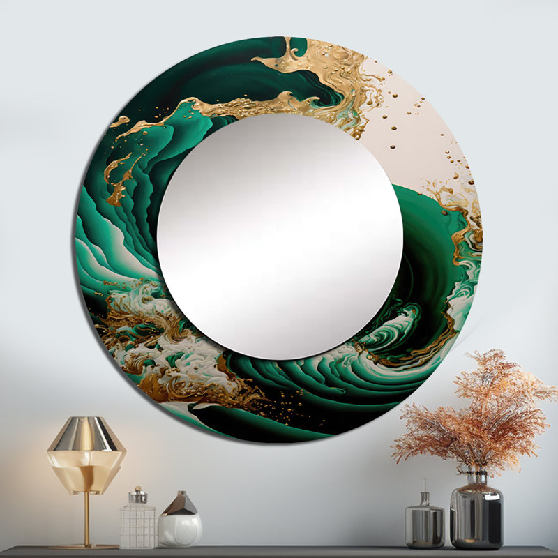 Spase Emerald Green And Gold Abstract Waves IV - Abstract Spirals Wall Mirror, Modern Round Decorative Mirror, Printed Metal Art
