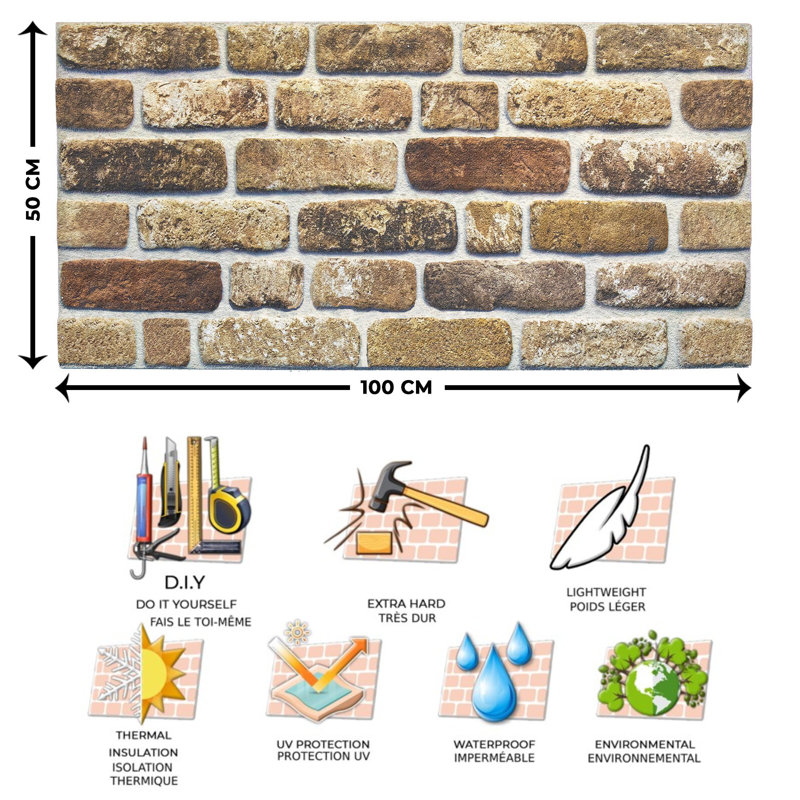 Panneau mural 3D 19,7 "x 39,4" (paquet de 10), Brun clair