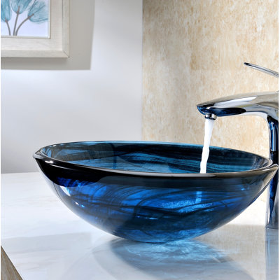 ANZZI Thalu 16.5'' Sapphire Wisp Tempered Glass Circular Bathroom Sink