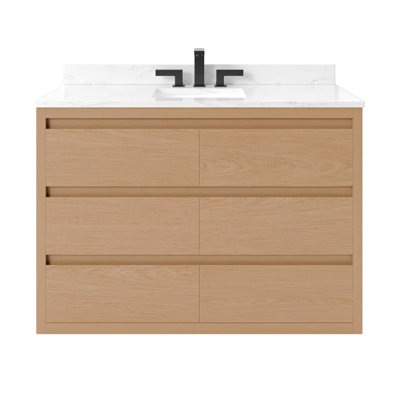 Meuble-lavabo simple en placage de bois de chêne véritable 24 po avec comptoir en pierre d'ingénierie Arabescato et lavabo sous-comptoir en porcelaine Mercer