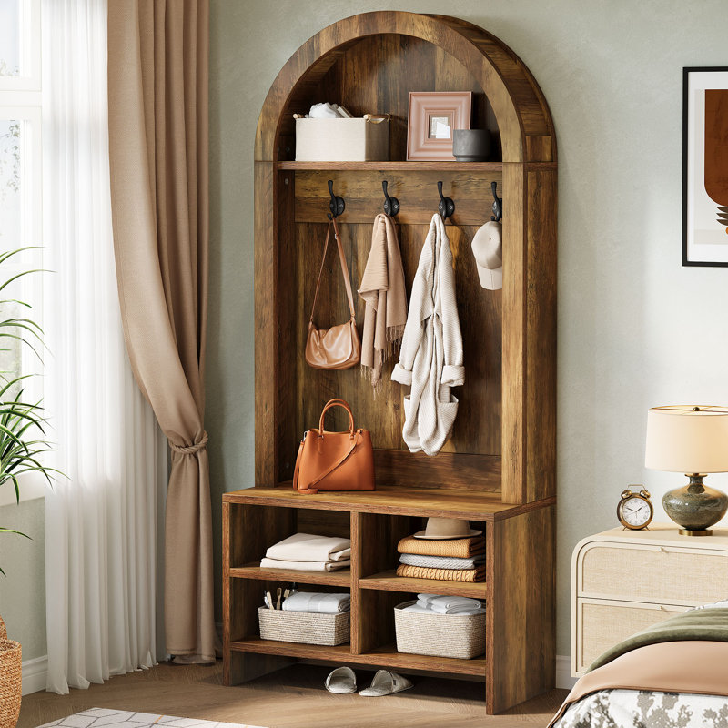 70.87" Hall Tree with Shoe Storage Bench, Arched Coat Rack with 4 Hooks & 4 Shoe Cubbies, for Mudroom, Entryway, Rustic Brown