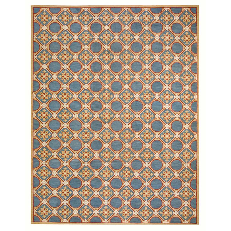 Tapis bleu / beige / rouge en laine noué à la main de conception unique 9 pi x 12 pi Needlpoint
