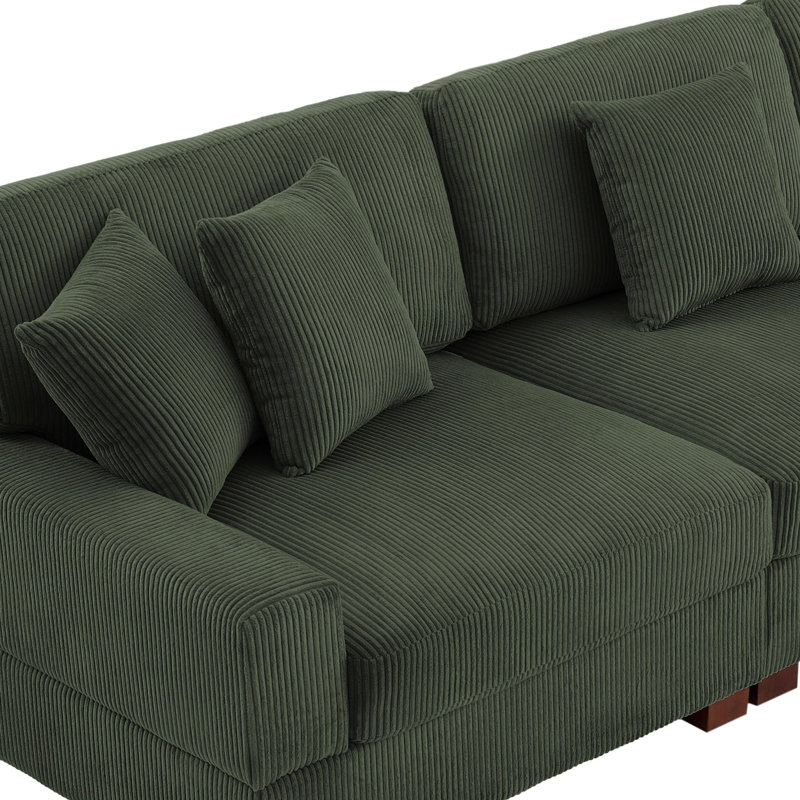 3 - Piece Upholstered Green Corduroy Modular Sectional Sofa with Pillow Back and Solid Wood Legs, Right Hand Facing