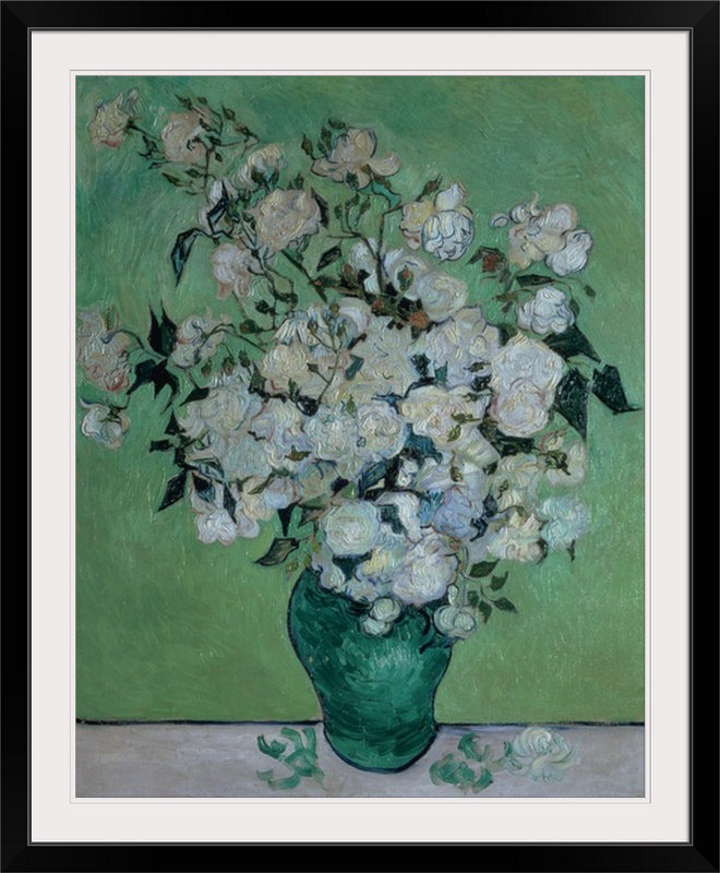 Un vase de roses, 1890 par Vincent Van Gogh - reproduction, H 38 po x l 32 po x P 1 po, Cadre blanc